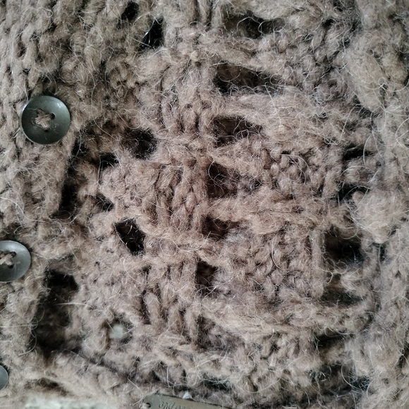 This is a Free People Pointelle Open Knit Alpaca Hooded Sweater in brown. Small - Picture 8 of 13